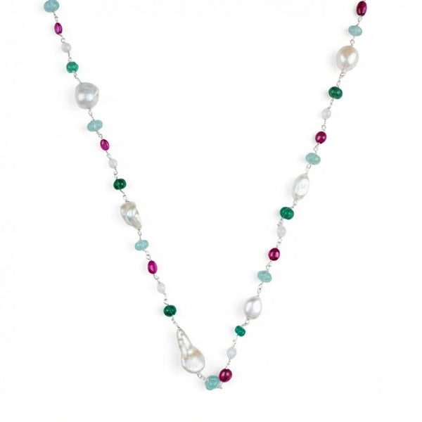 Multicolour Stone Ganthan Necklace with Baroque Pearls in 92.5 sterling silver