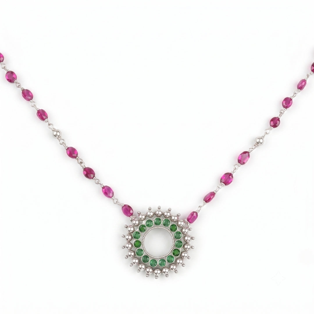 Silver Karwar Motif Pendant & Ruby Ganthan Necklace