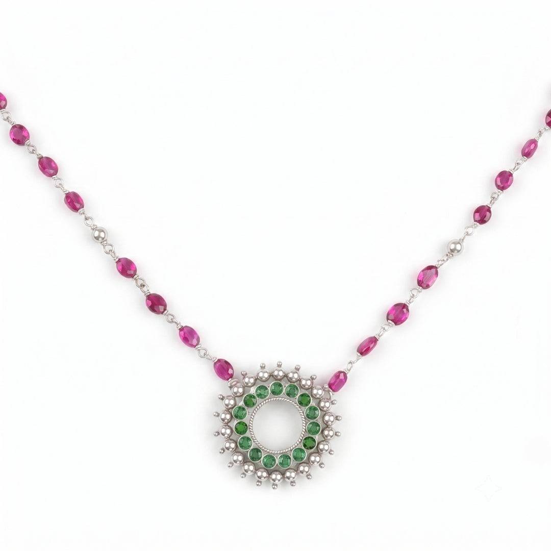 Silver Karwar Motif Pendant & Ruby Ganthan Necklace front view featuring a traditional Karwar-inspired pendant, vibrant ruby accents, and an elegant ganthan design