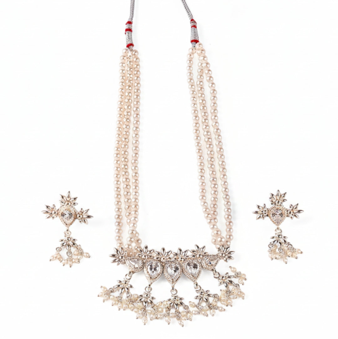 Silver CZ Flower Tanmani Set with Pearls (5 Leaf)