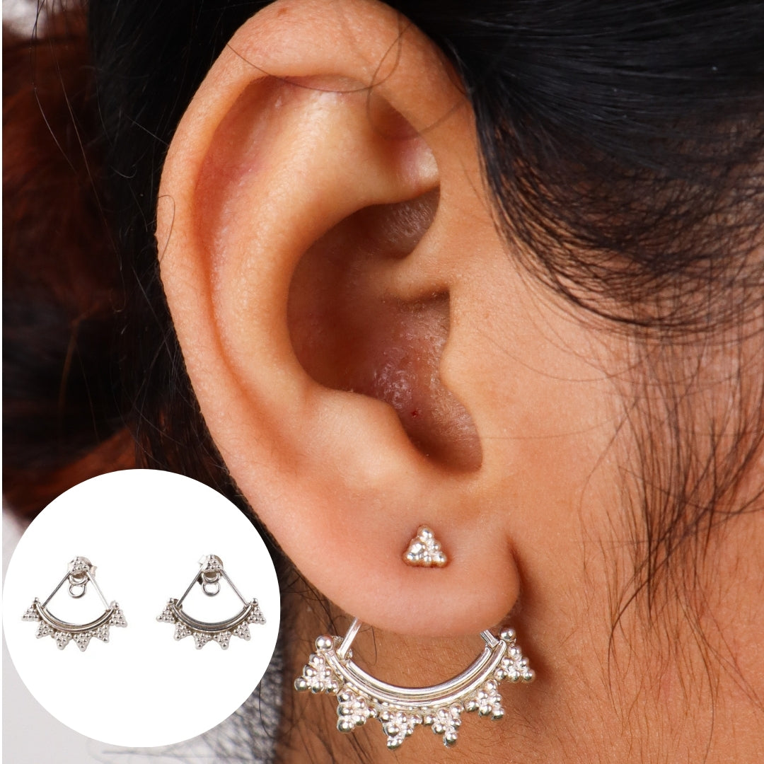 Silver Beaded Triangle Jacket Earring