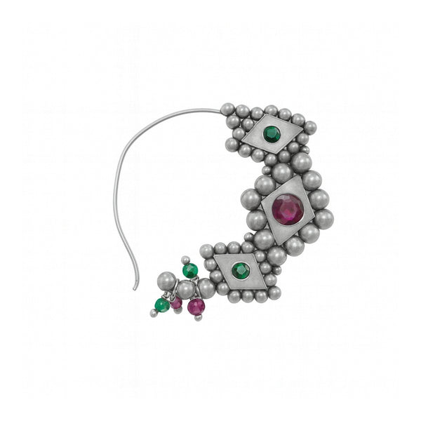 Silver Nath Godavari Pierced with colorful gemstones and intricate design