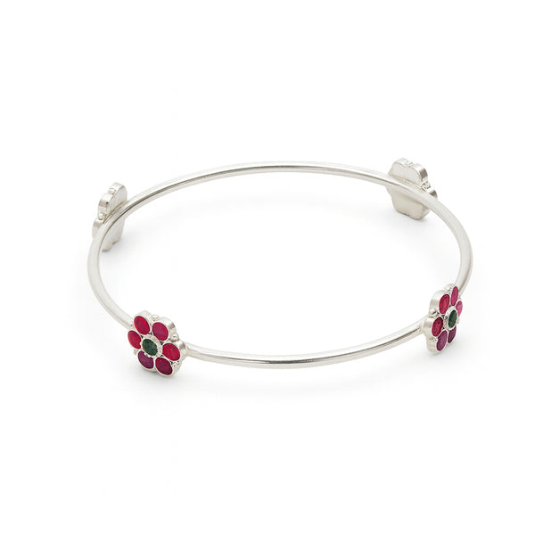 Silver floral bangle with pink and green enamel accents