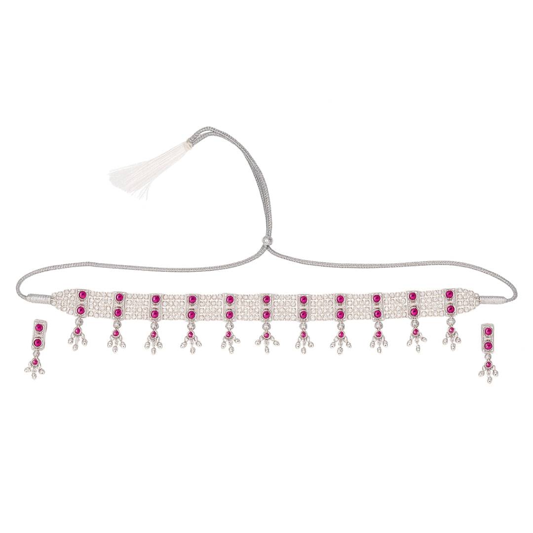 Silver Pink Stone and Pearls Chinchapeti Set front view