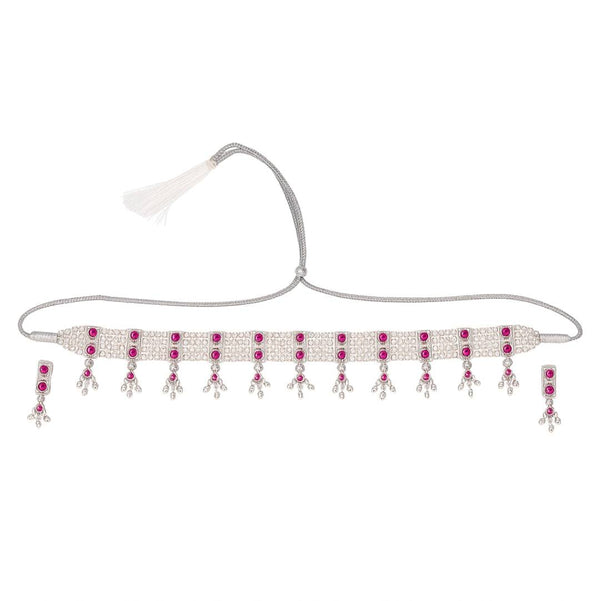 Silver Pink Stone and Pearls Chinchapeti Set front view