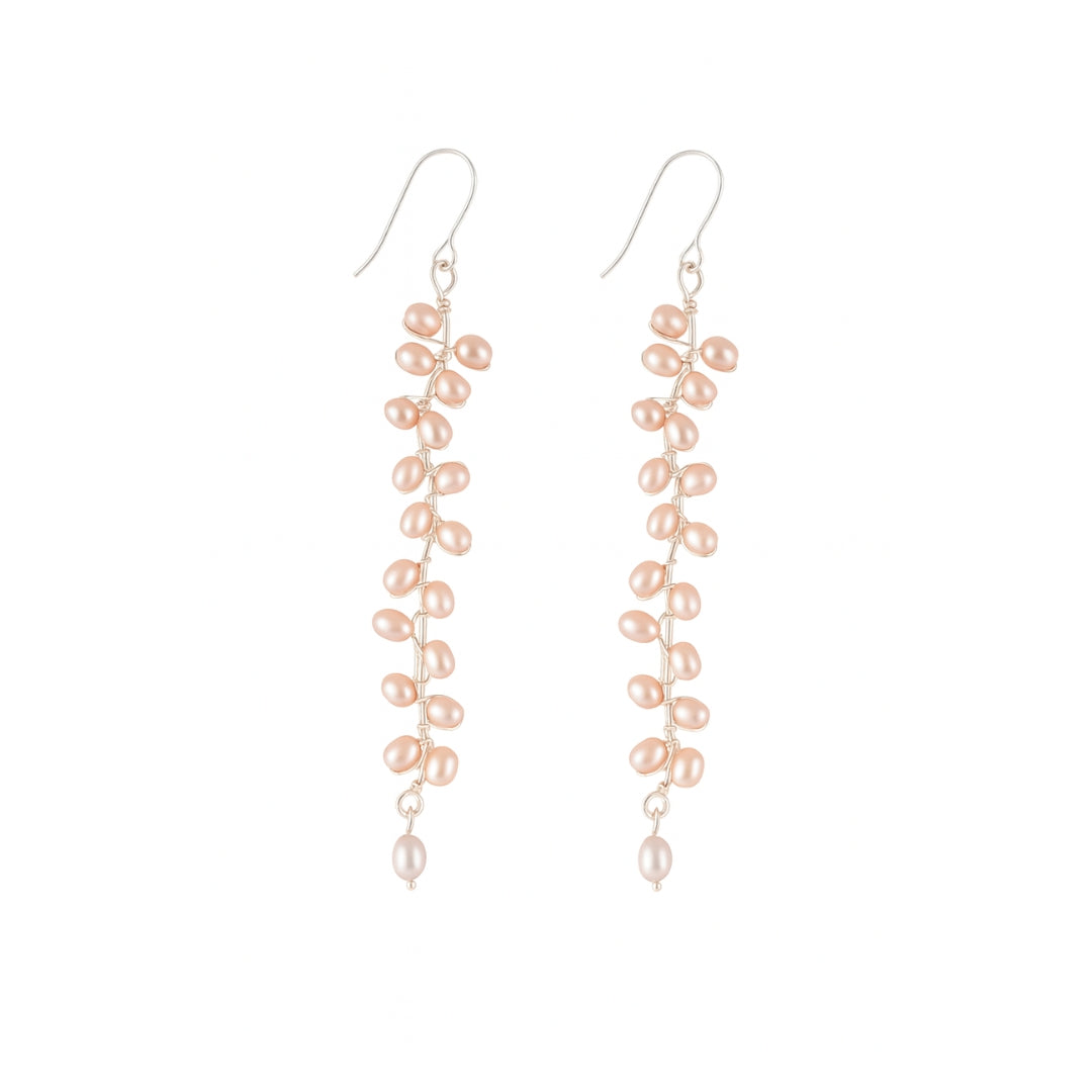 Front view of Heliconia Pearl Flower Earrings in 92.5 sterling silver with delicate floral design and pearl accents