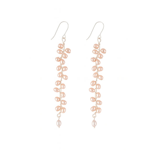 Front view of Heliconia Pearl Flower Earrings in 92.5 sterling silver with delicate floral design and pearl accents