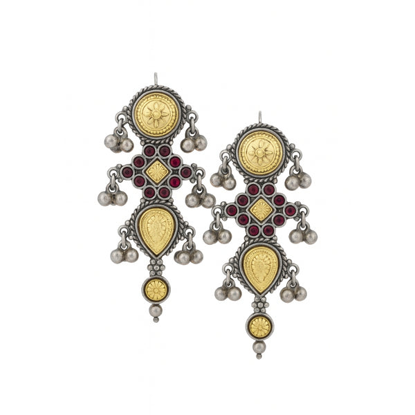 Silver Revival Rajasthani Pupat Earrings with intricate gold and red accents
