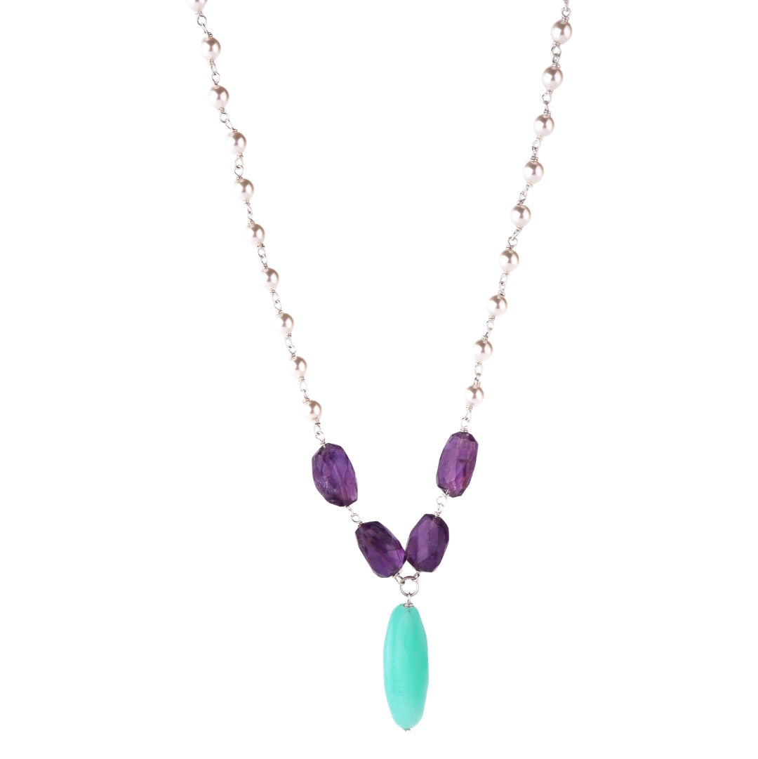 Silver pearl ganthan amethyst necklace with apatite in 92.5 sterling silver