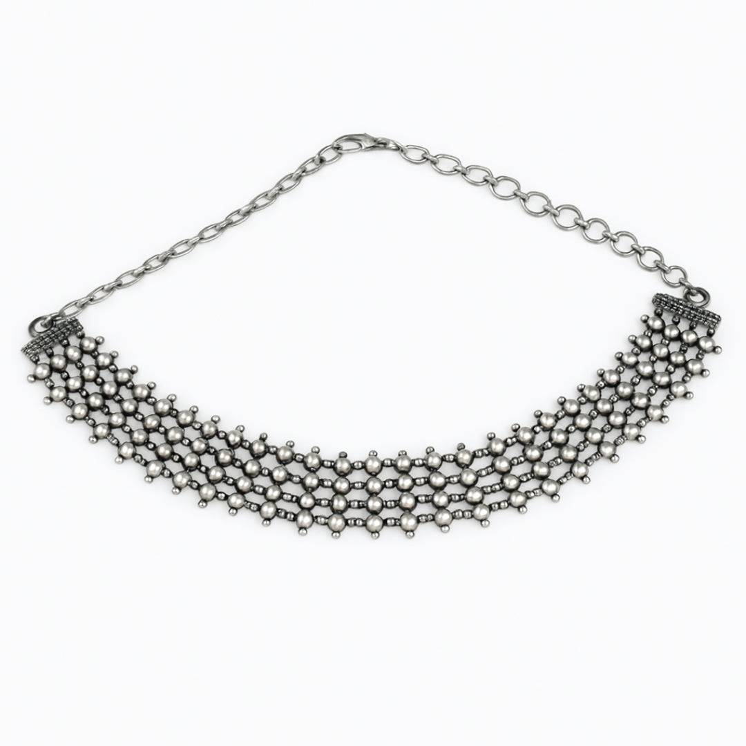 Silver oxidized choker necklace with traditional motifs