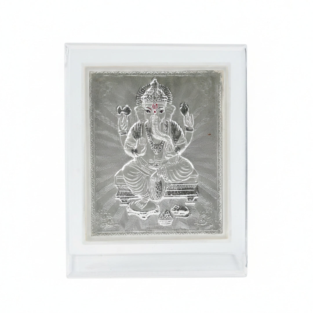 Sterling silver Ganapati idol in a decorative frame for home decor