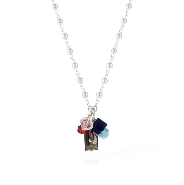 Front view of multicolour stone bunch necklace with pearl Gantan in 92.5 sterling silver featuring vibrant gemstones