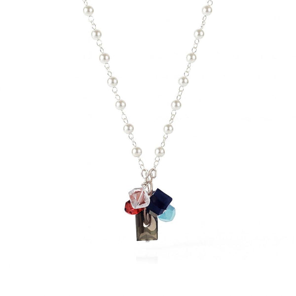 Front view of multicolour stone bunch necklace with pearl Gantan in 92.5 sterling silver featuring vibrant gemstones