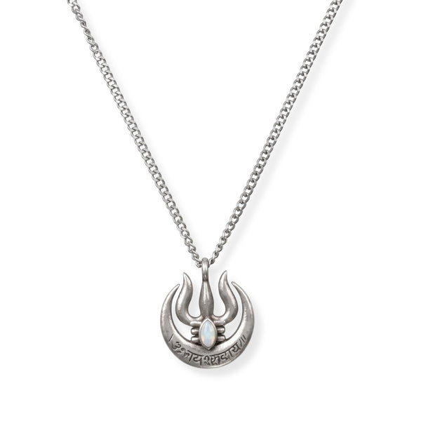 Silver Moon And Trishul Pendant Necklace