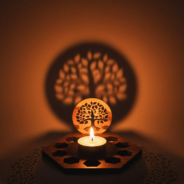 Wooden Tree of Life Diya with shadow