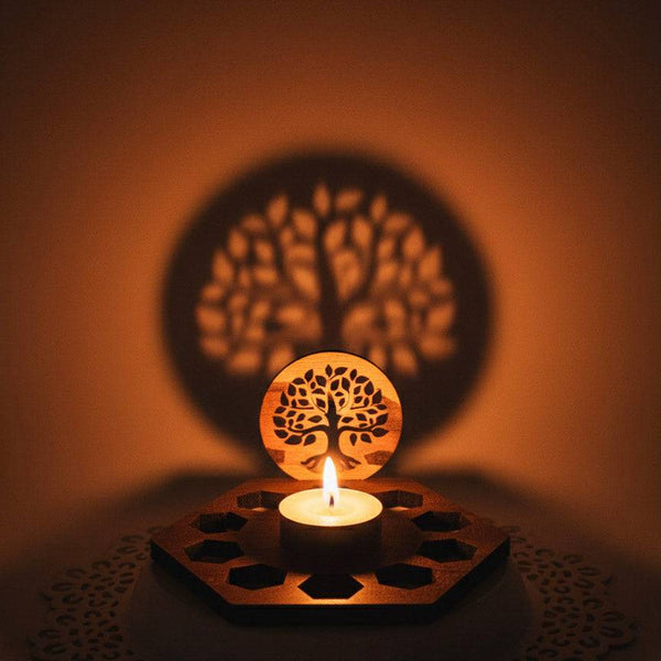 Wooden Tree of Life Diya with shadow