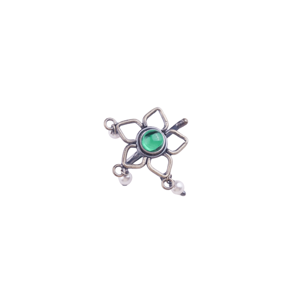 Oxidised Green Flower Clip-On Nose Pin (Large)