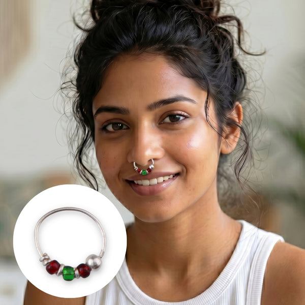 Silver Septum Cum Nose Ring with Green & Red Bead (Pierced)