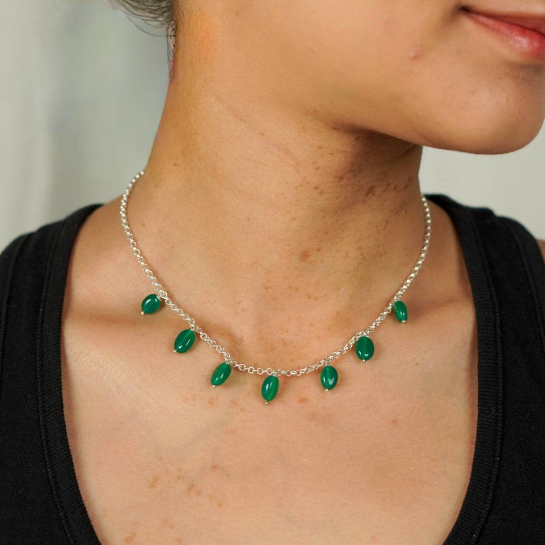 Close-up of Silver Green Onyx Chain with natural stone detail