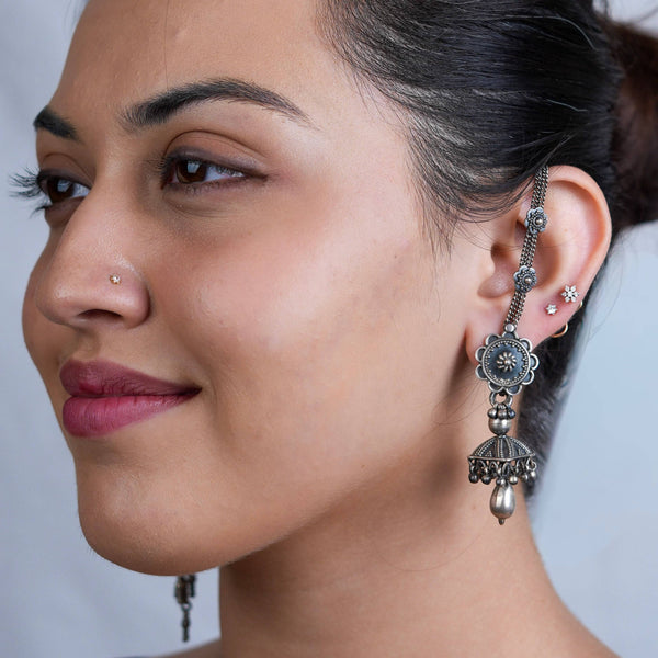 Model wearing Antique Silver Earrings for an elegant, traditional, and vintage-inspired jewellery look