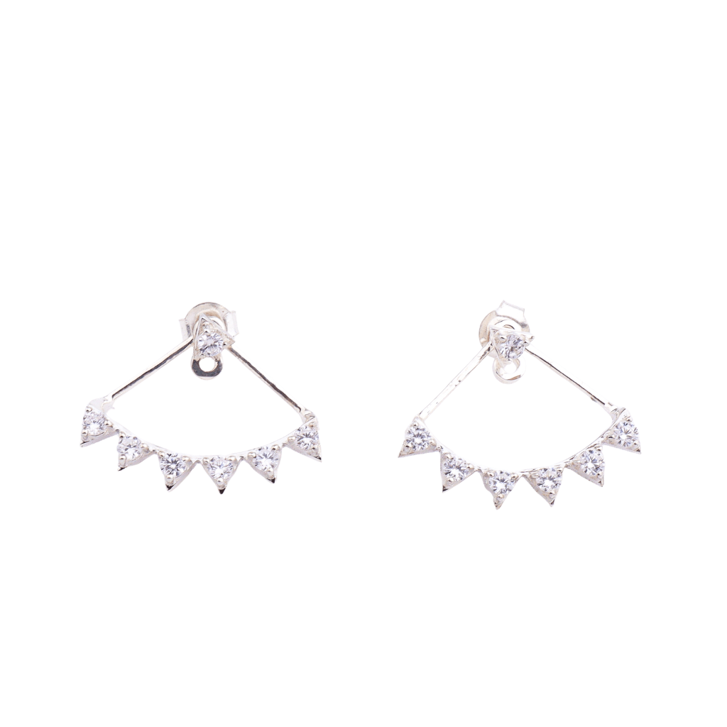 Silver triangle CZ jacket earrings with sparkling stones