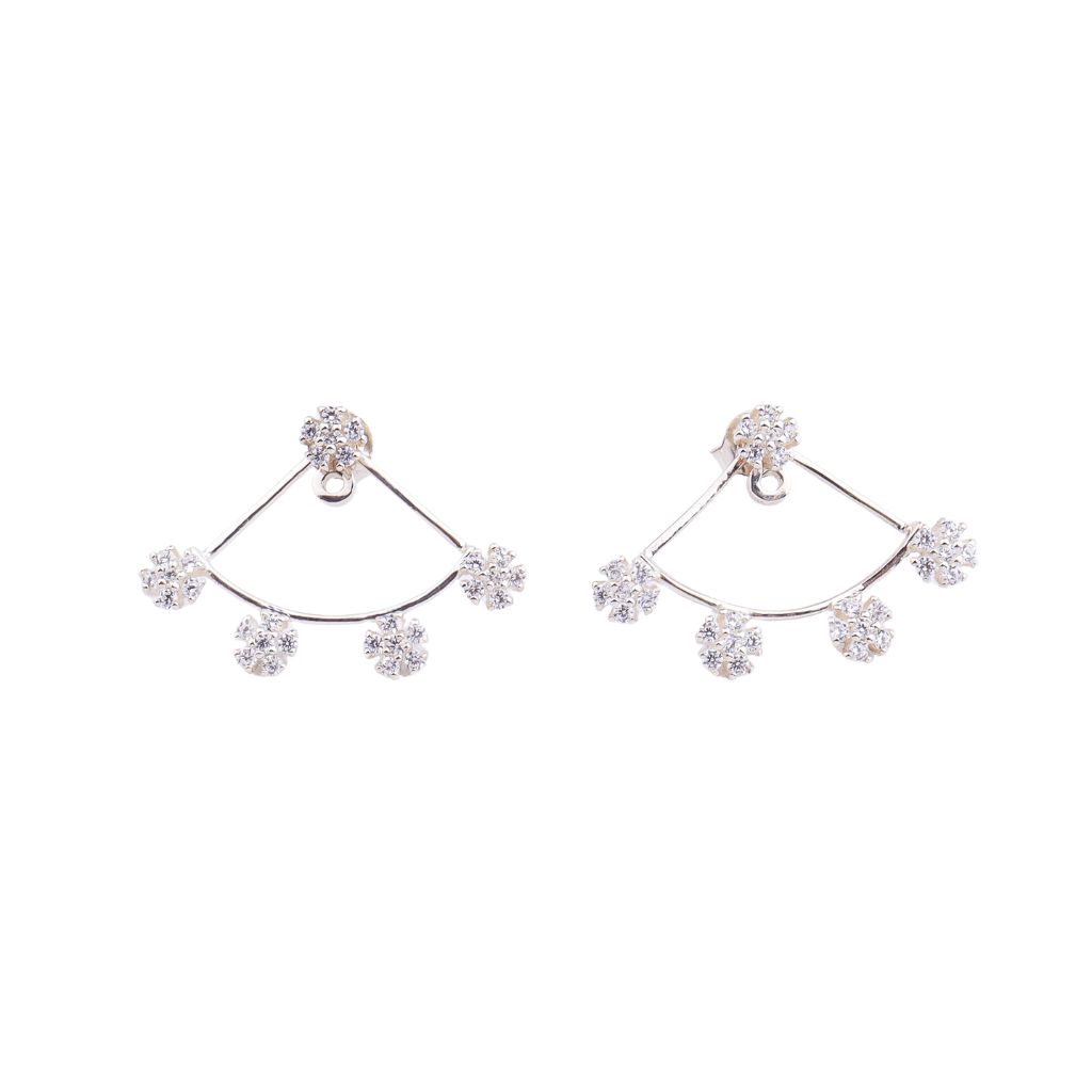 Silver flower CZ jacket earrings with sparkling stones, front view