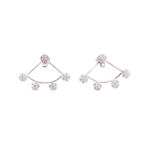 Silver flower CZ jacket earrings with sparkling stones, front view