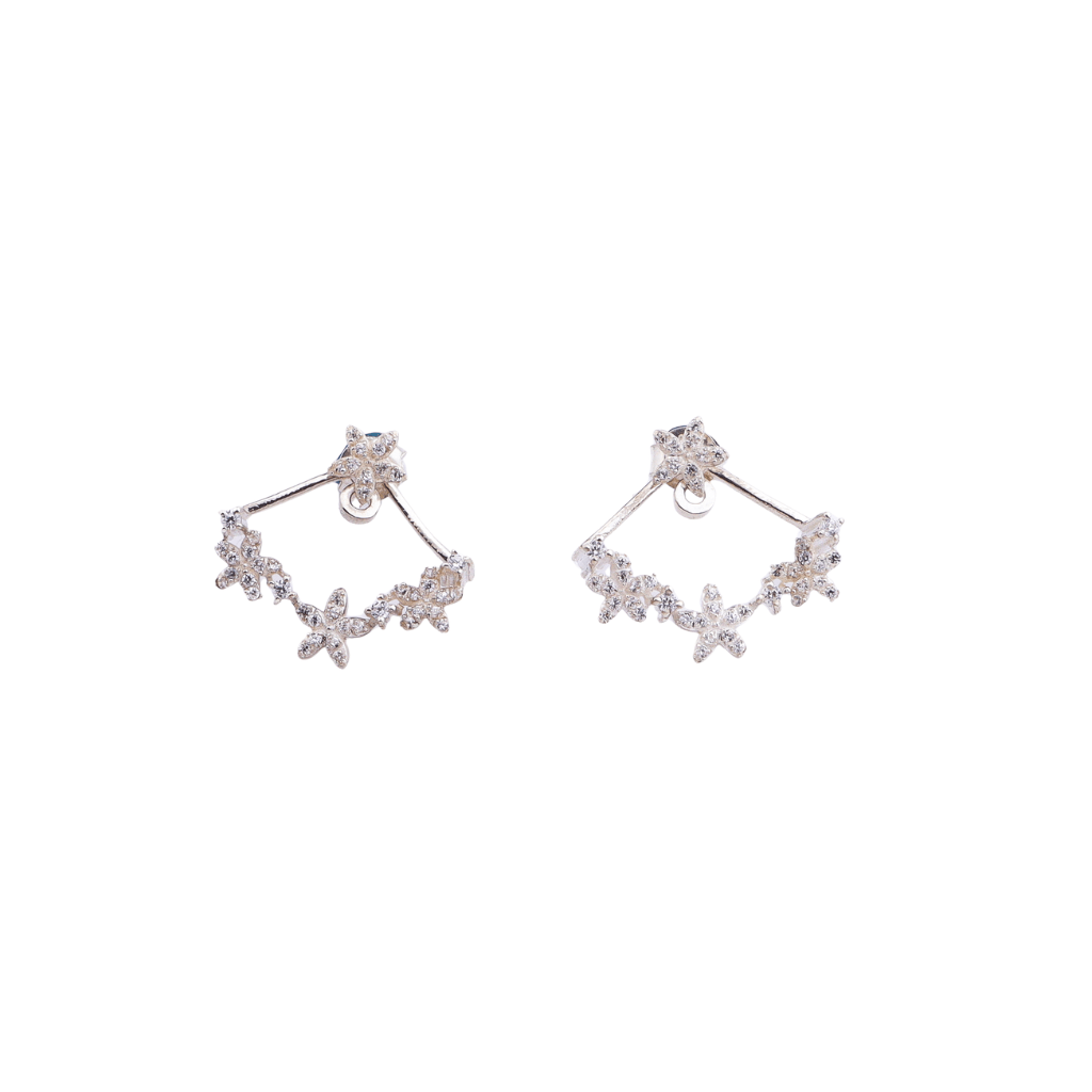 Silver flower vine CZ jacket earrings with cubic zirconia
