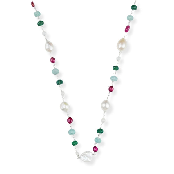 Multicolour Stone Ganthan Necklace with Baroque Pearls in 92.5 sterling silver