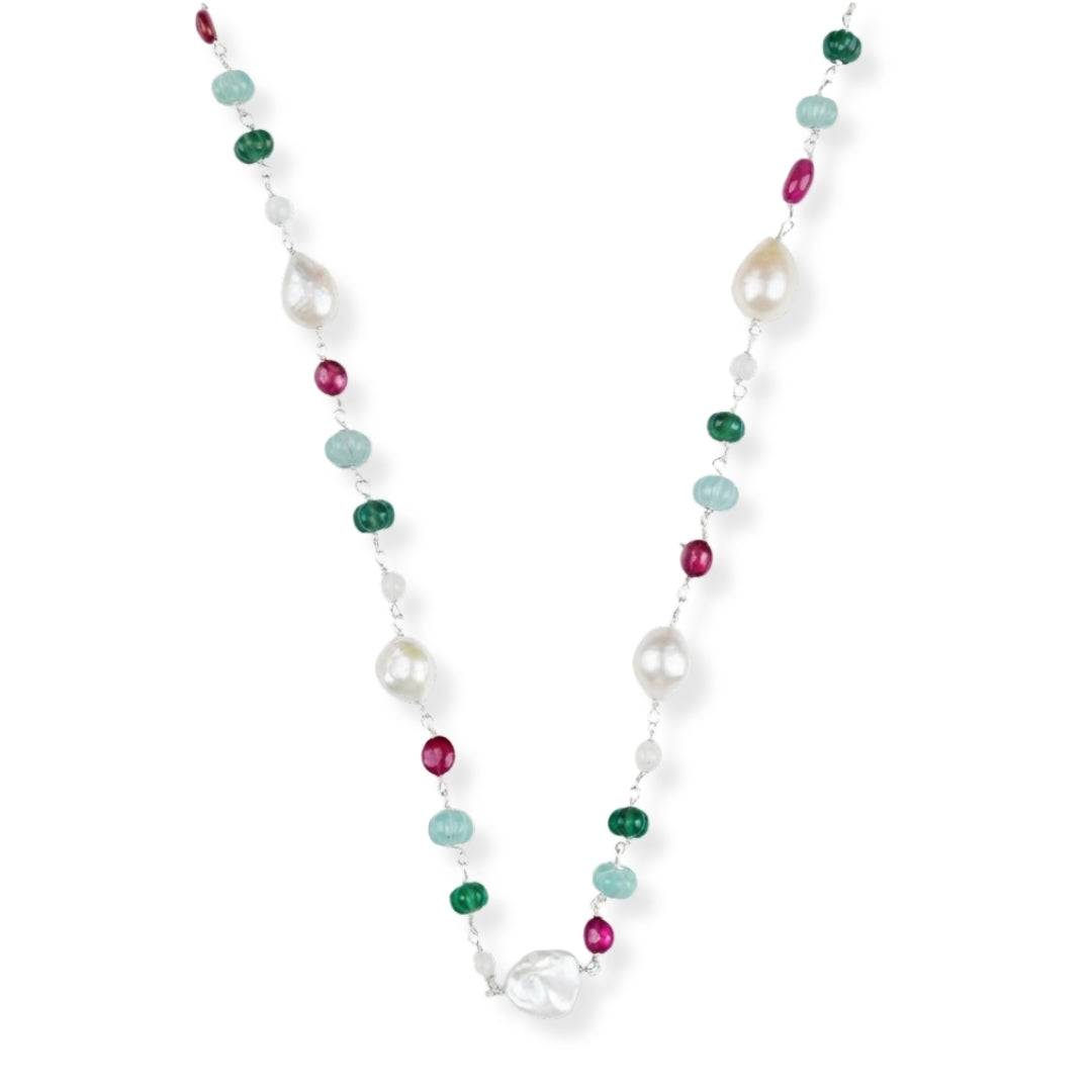Multicolour Stone Ganthan Necklace with Baroque Pearls in 92.5 sterling silver