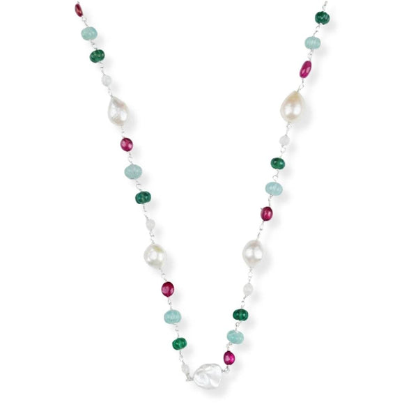 Multicolour Stone Ganthan Necklace with Baroque Pearls in 92.5 sterling silver