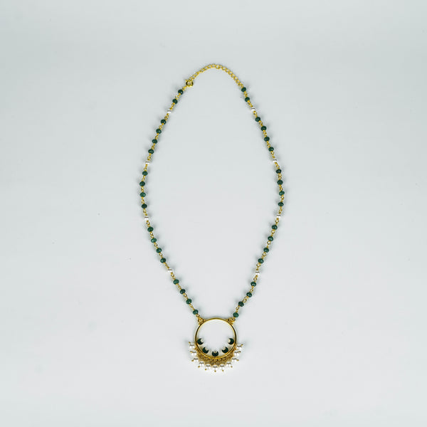 Gold plated Meena pendant necklace with pearls and green onyx, silver base, festive jewelry
