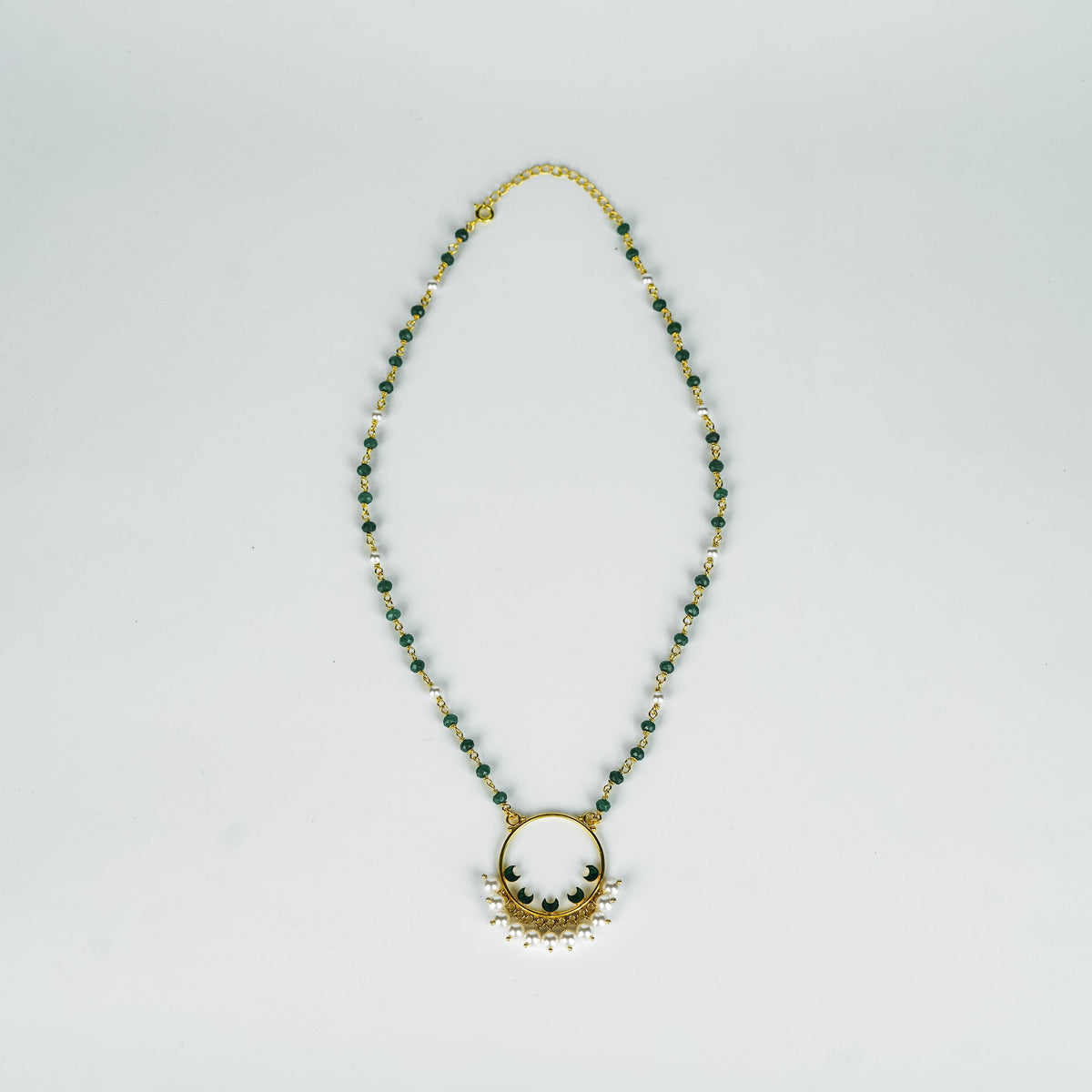 Gold plated Meena pendant necklace with pearls and green onyx, silver base, festive jewelry