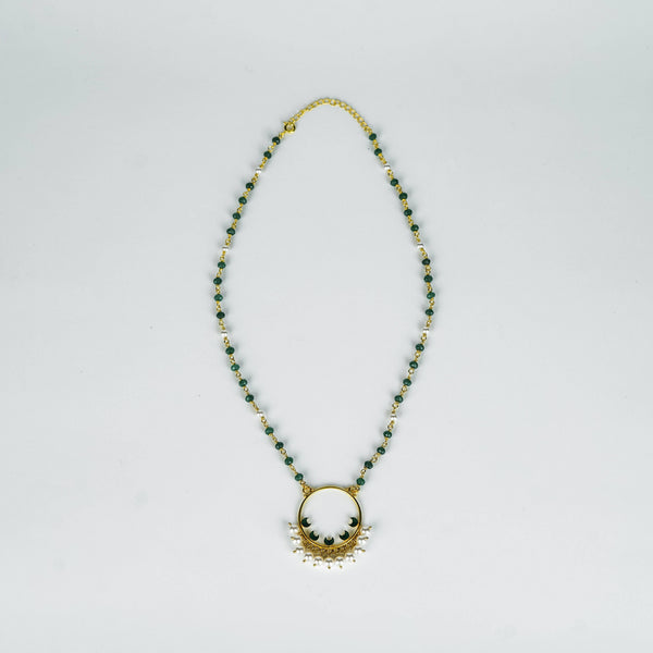 Gold plated Meena pendant necklace with pearls and green onyx, silver base, festive jewelry