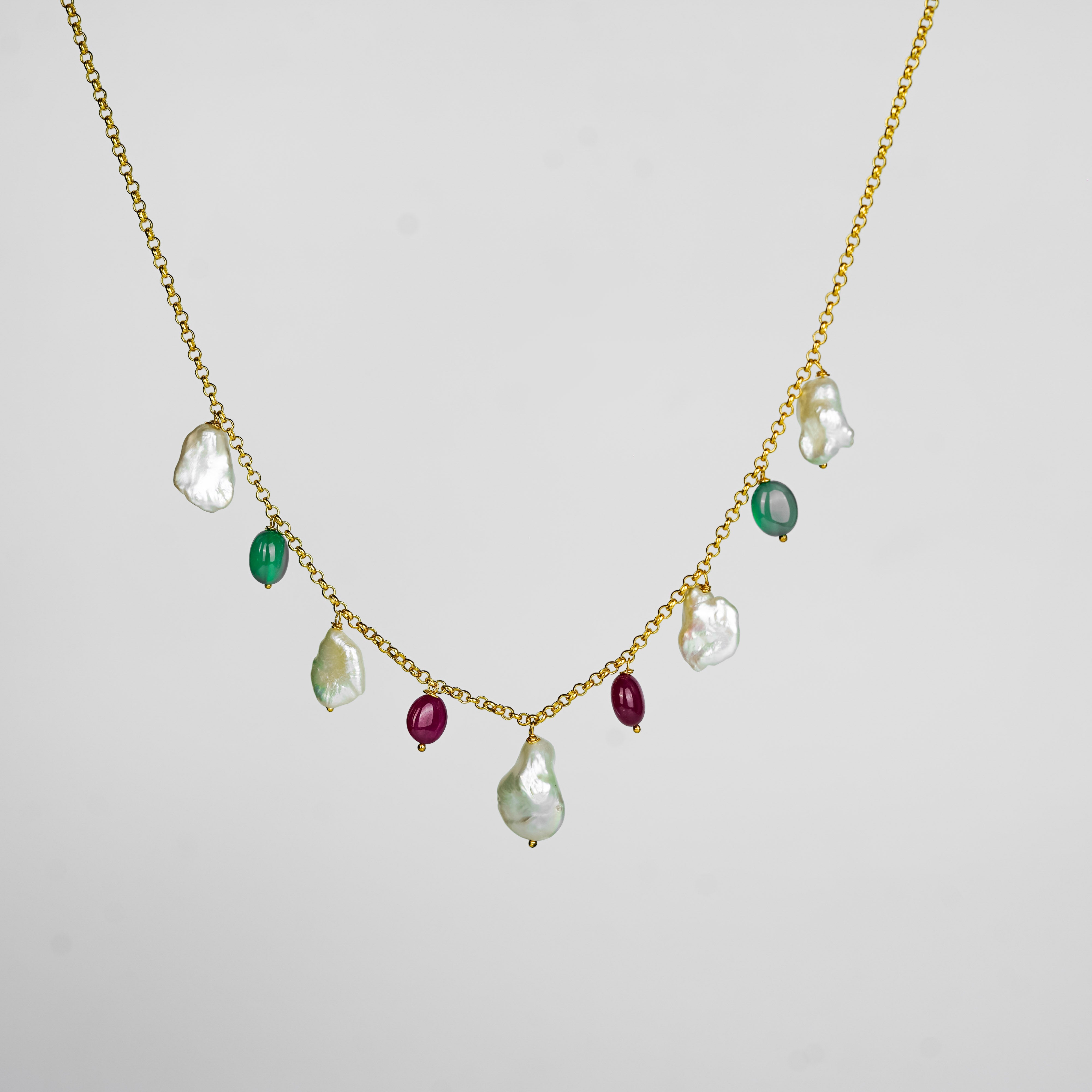Silver Ruby, Green Onyx and Boroque Pearl Chain | 92.5 Silver | 22K Gold Plated