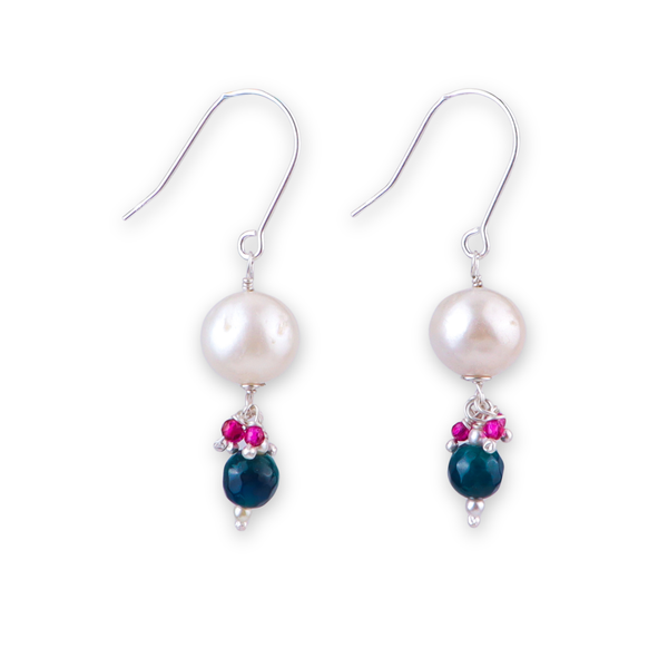 Blue Agate, Ruby & Pearl Silver Earrings (Project Handmade)