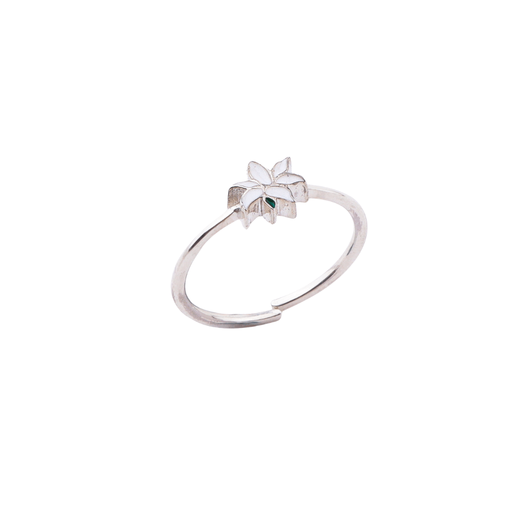 White Lily enamel ring in sterling silver
