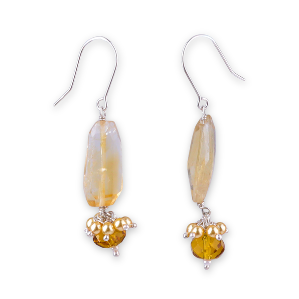 Citrine, Yellow Agate & Golden Pearl Silver Earrings (Project Handmade)
