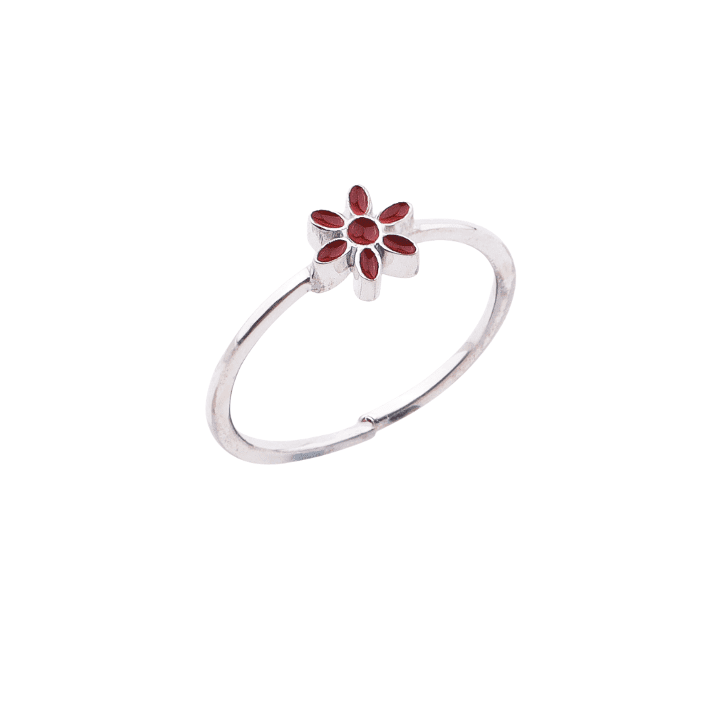 Red flower enamel ring in sterling silver for jewelry