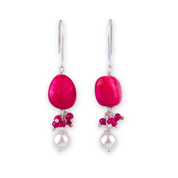 Pink Agate, Pink Jade & Pearl Silver Earrings (Project Handmade)