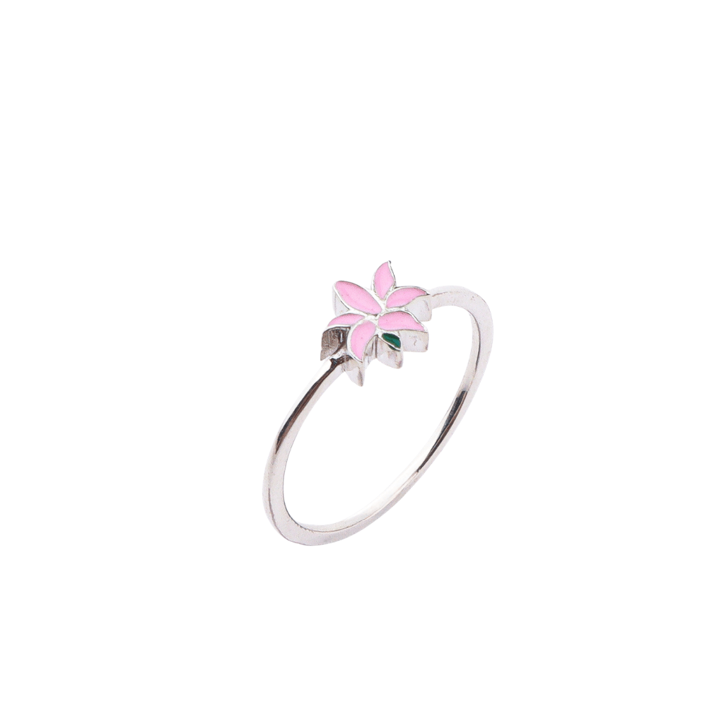 Pink Lily enamel ring with sterling silver band