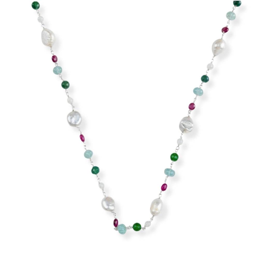 Multicolour Stone Ganthan Necklace with Baroque Pearls in 92.5 sterling silver