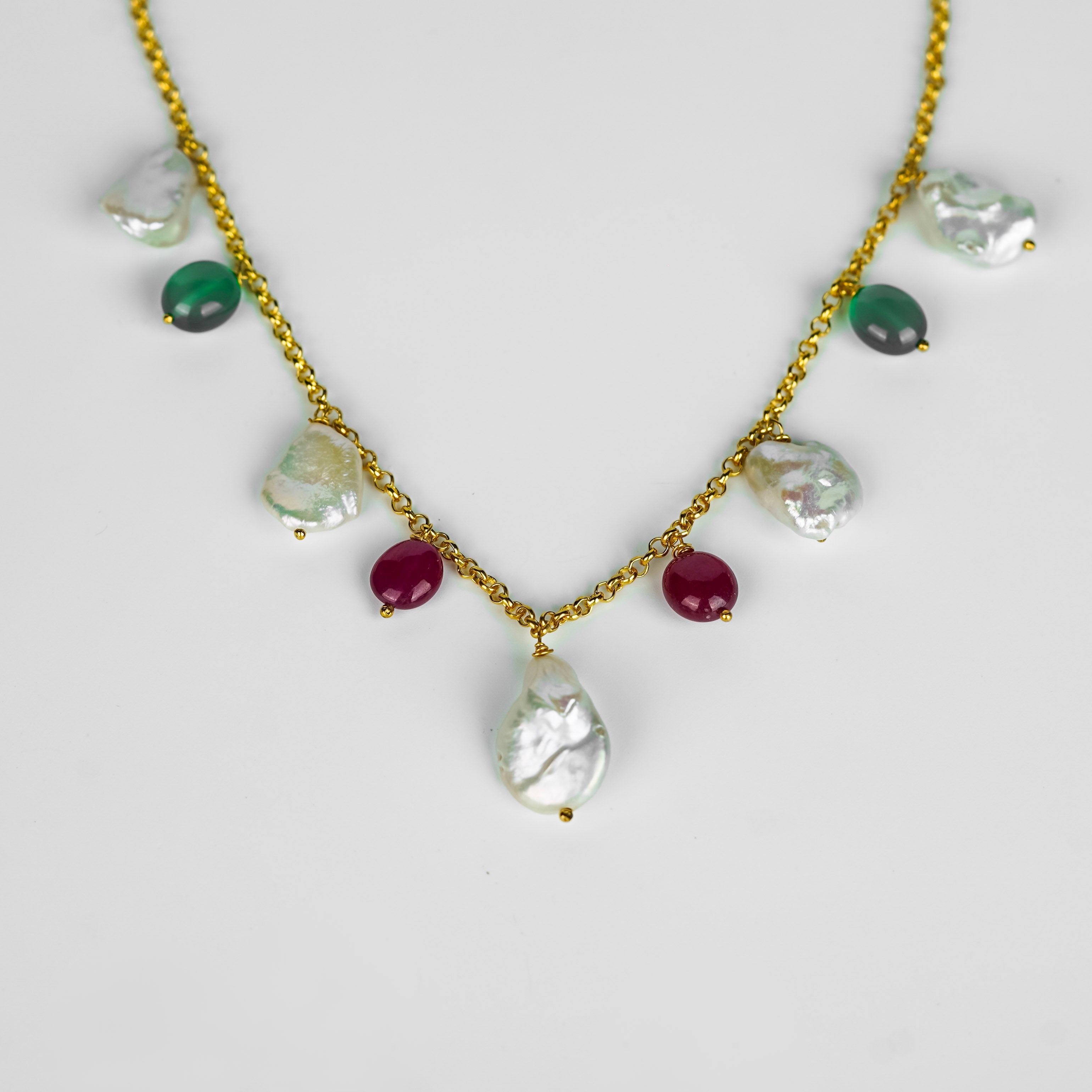 Silver Ruby, Green Onyx and Boroque Pearl Chain | 92.5 Silver | 22K Gold Plated