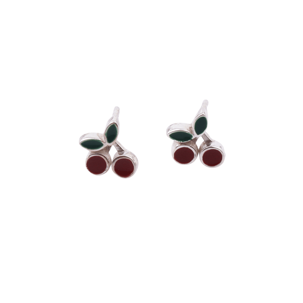 Cherry enamel stud earrings with sterling silver setting