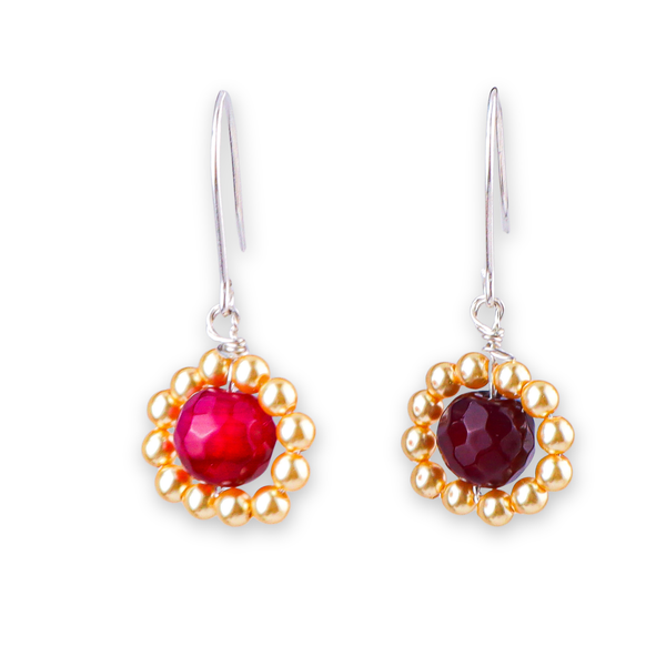 Red Agate & Golden Pearl Silver Earrings (Project Handmade)