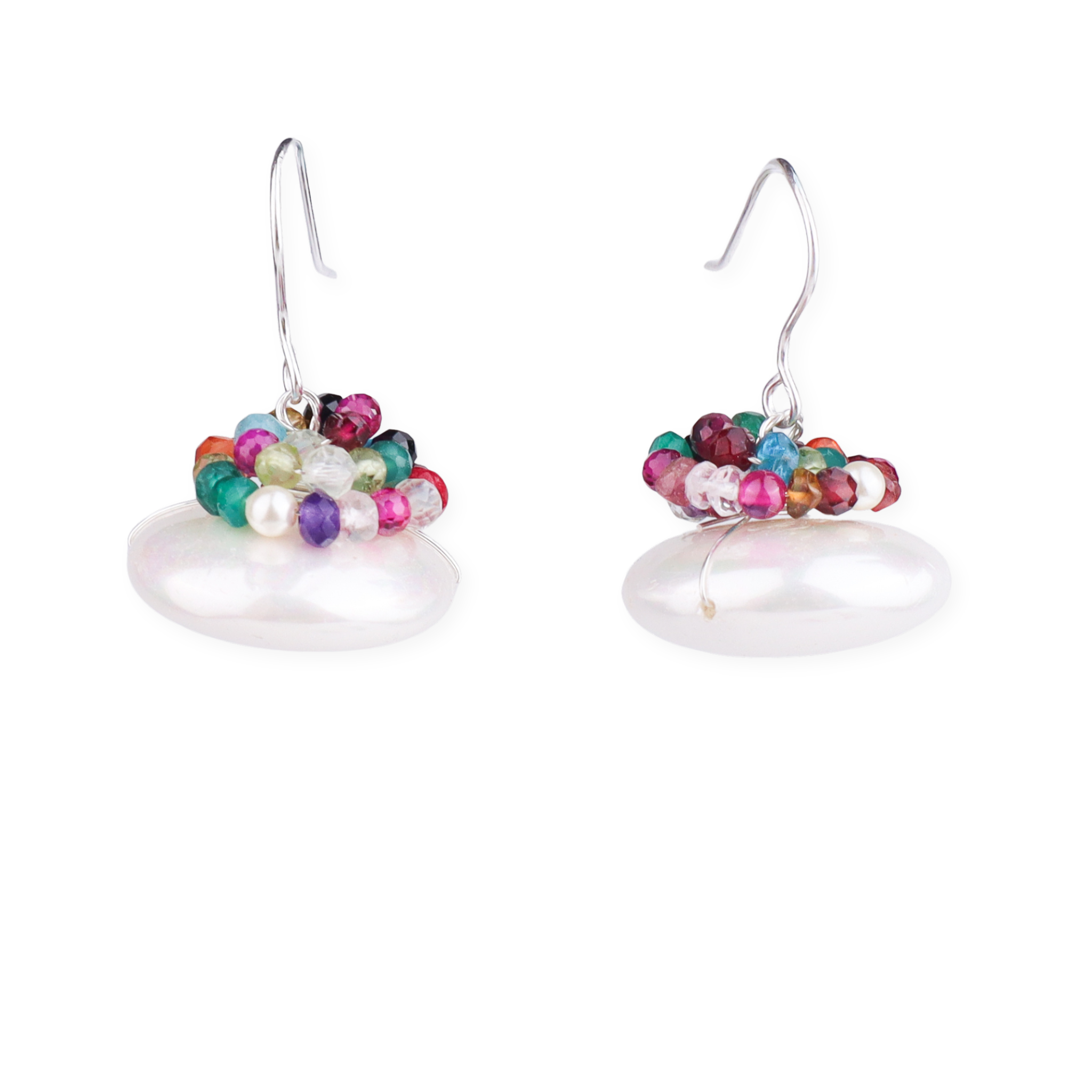 Silver Coin Pearl Earrings with Multicolor Stones (Project Handmade)