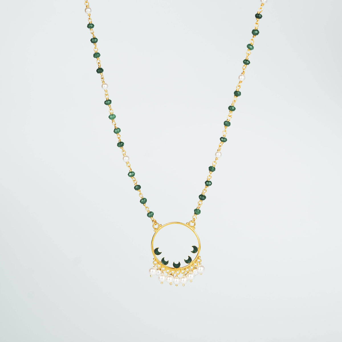 Gold and green onyx necklace with pearl embellishments, festive jewelry