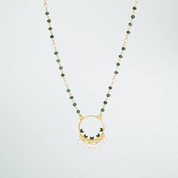 Gold and green onyx necklace with pearl embellishments, festive jewelry