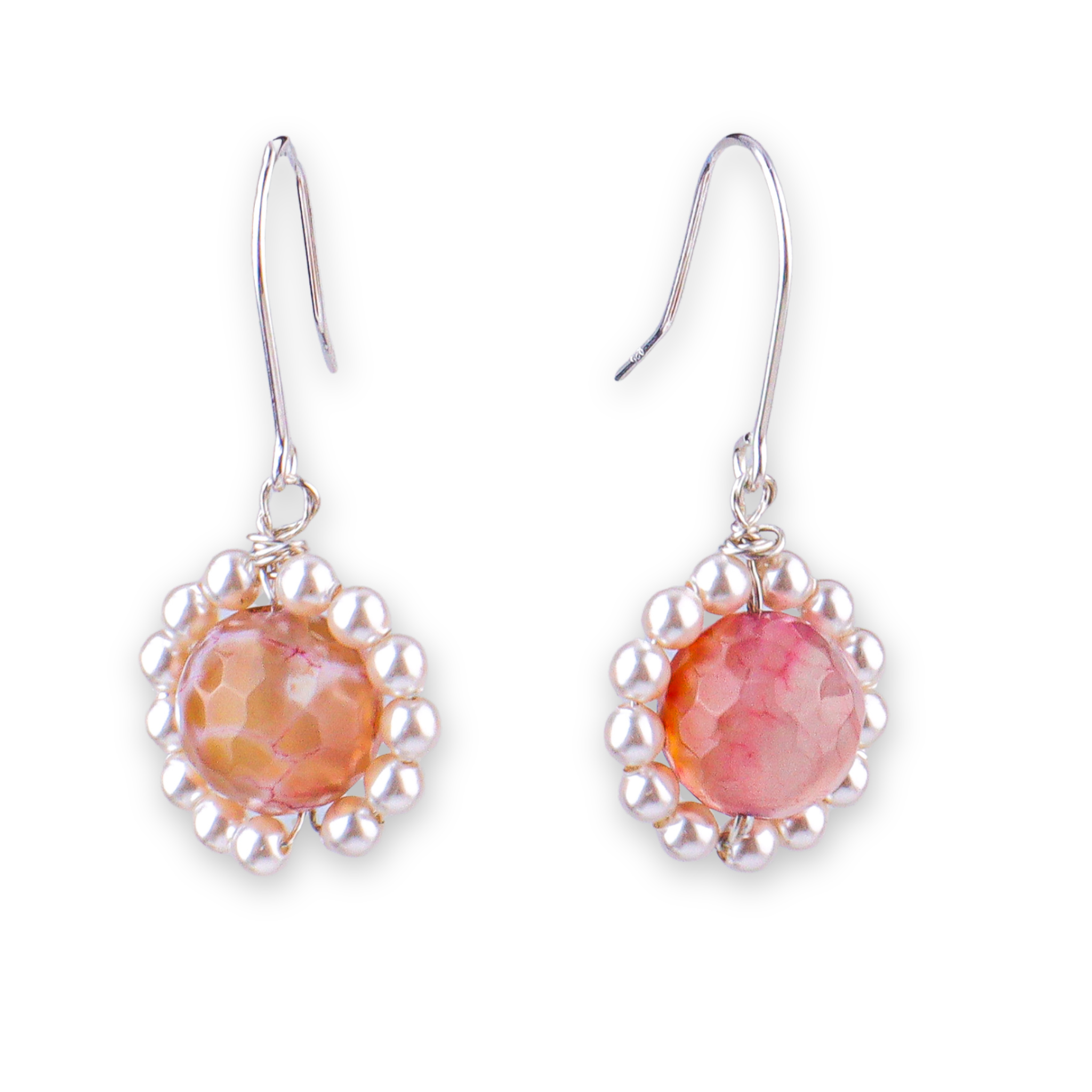 Peach Agate & Pearl Silver Earrings (Project Handmade)
