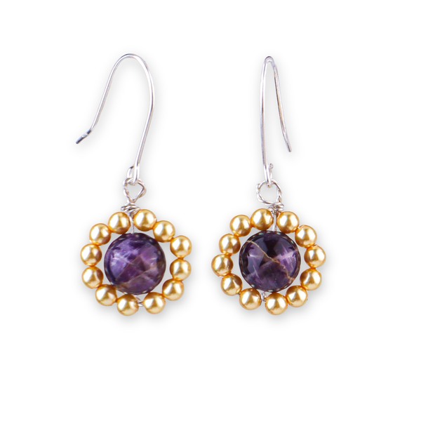 Purple Agate & Golden Pearl Silver Earrings (Project Handmade)